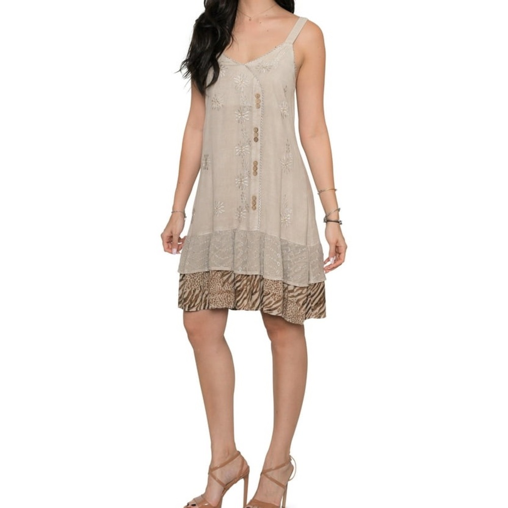 Raya Sun Beige Embroidered Daisy Print Flowy Sun Dress